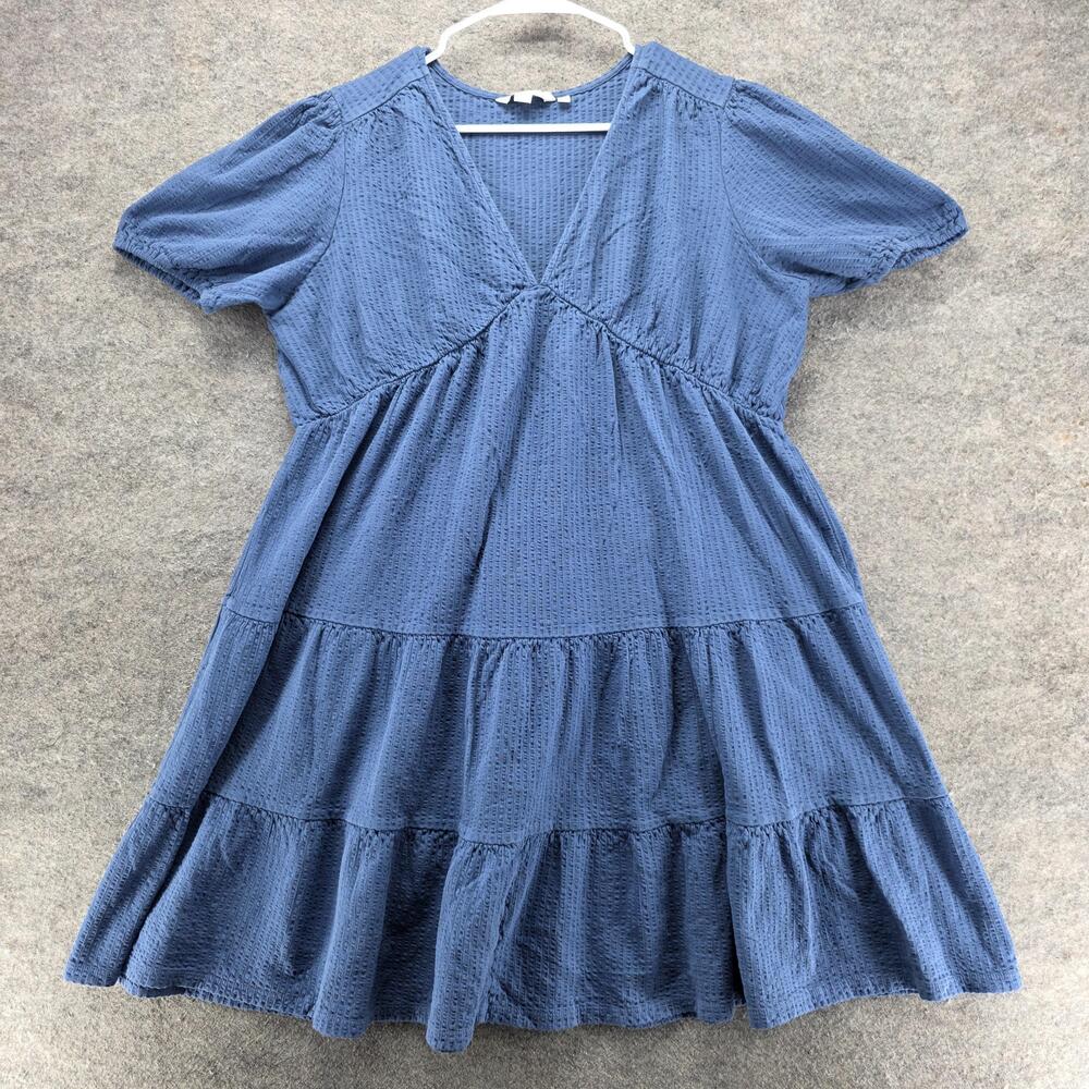 Boden Dress Womens 14L Blue Textured Cotton Short Sleeve Tiered A Line Knit